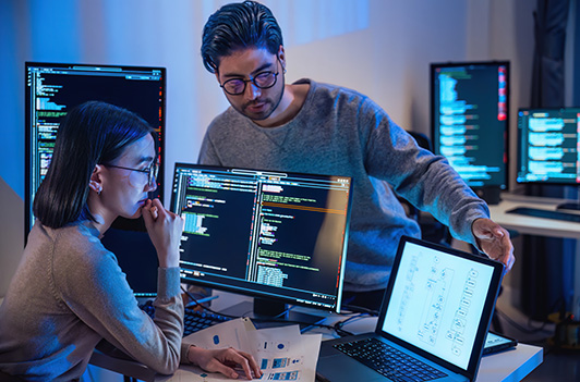 software analyst and qa tester examine software on screens