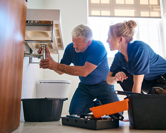 Plumber apprentice helps to fix a drain pipe